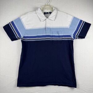 Transnine Mens Polo Shirt Large Blue White Striped Short Sleeve Cotton